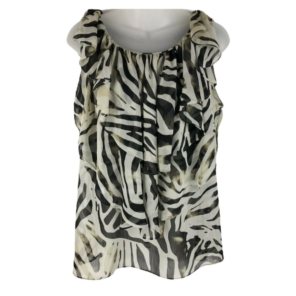 AK Anne Klein Womens Sleeveless Tiered Ruffled TUNIC BLOUSE Sheer Animal Print L
